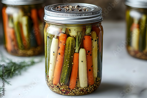 Pickled vegetables in jar, kitchen counter. Food preservation, recipe