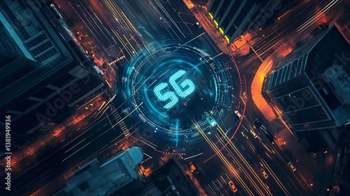 5G Network Overlayed on City Streets at Night