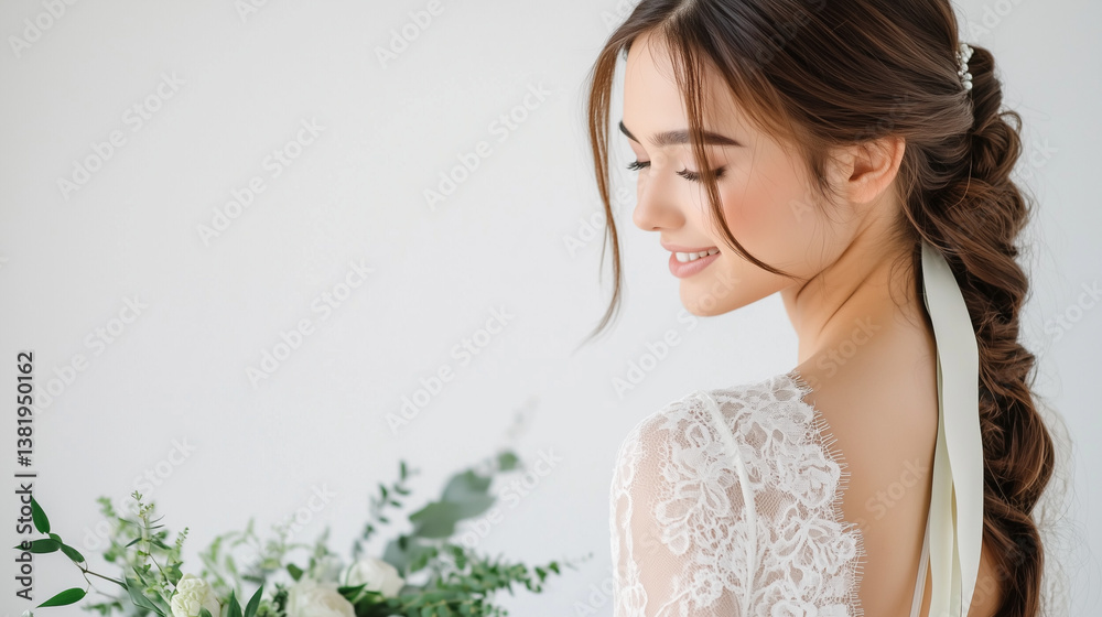 花嫁。白い背景の中、下を向いて微笑む花嫁の後ろ姿。繊細なレースのドレスと背中のリボンが印象的。ナチュラルなポニーテールに細いリボンが結ばれ、優雅な雰囲気を演出。緑が基調のブーケ白の背景に映え、余白が多く、洗練された美しさを強調している。