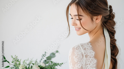 Obraz na płótnie 花嫁。白い背景の中、下を向いて微笑む花嫁の後ろ姿。繊細なレースのドレスと背中のリボンが印象的。ナチュラルなポニーテールに細いリボンが結ばれ、優雅な雰囲気を演出。緑が基調のブーケ白の背景に映え、余白が多く、洗練された美しさを強調している。 w salonie