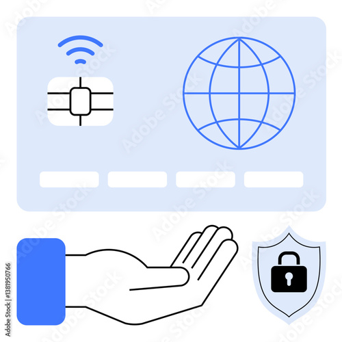NFC-enabled card with chip, open hand gesture, and shield with lock emphasizing secure data transfer. Ideal for online payment, contactless technology, cybersecurity, financial transactions, trust