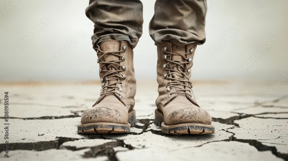 Rescue Operations After Earthquake Theme, Worn boots standing on cracked concrete, symbolizing resilience and strength Rescue Operations After Earthquake Theme, Worn boots standing on cracked concrete, symbolizing resilience and strength
