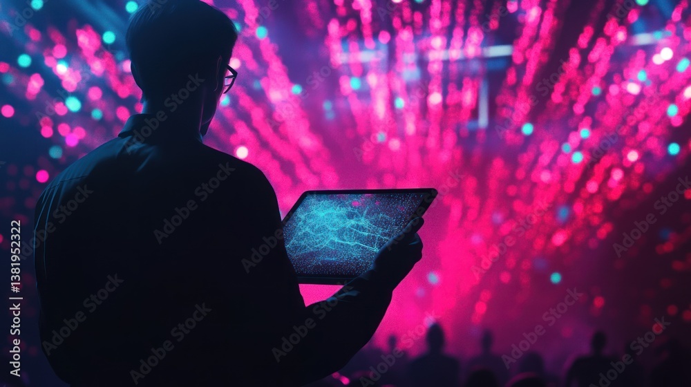 Data analyst observing colorful rave crowd insights on a digital tablet device