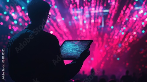 Obraz na płótnie Data analyst observing colorful rave crowd insights on a digital tablet device w salonie