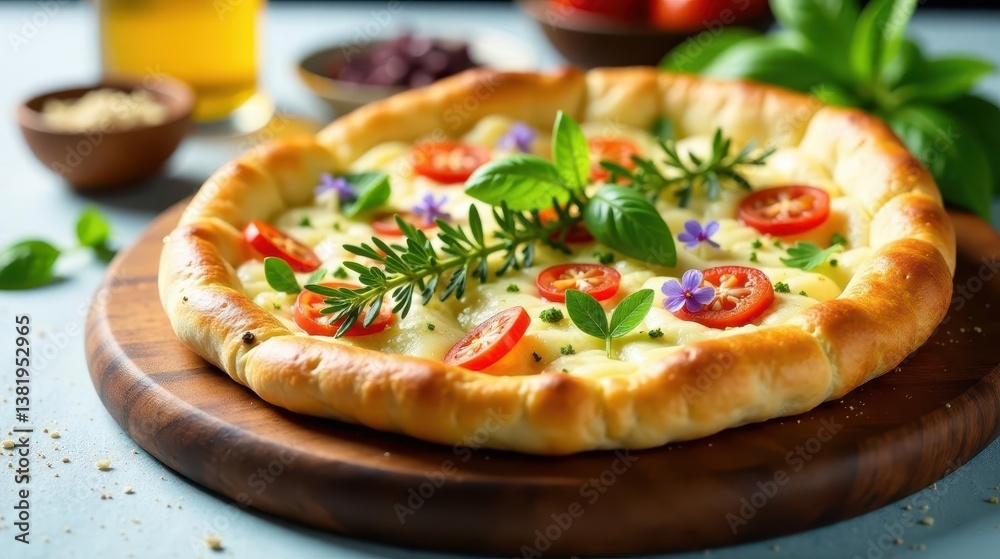 Artisan Cheese Pizza with Fresh Herbs and Tomatoes, a Rustic Culinary Delight Artisan Cheese Pizza with Fresh Herbs and Tomatoes, a Rustic Culinary Delight