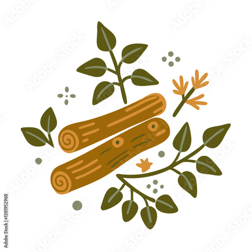 Sandalwood Illustration with Leaves and Twigs