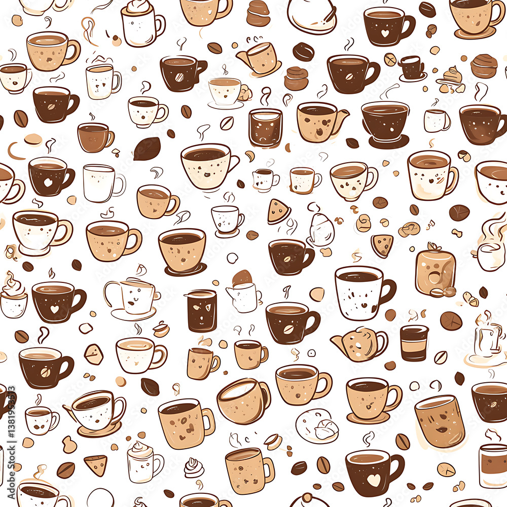 seamless pattern Realistic and artistic illustrations of coffee beans, brewing equipment, coffee cups for background or wallpaper seamless pattern Realistic and artistic illustrations of coffee beans, brewing equipment, coffee cups for background or wallpaper