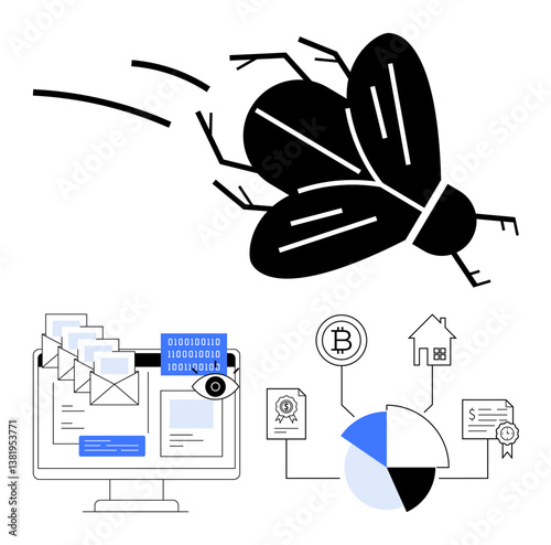 A malware bug flies toward a computer with email phishing, binary code, and an eye icon. Includes blockchain, real estate, and pie chart visuals. Ideal for technology, security, hacking finance