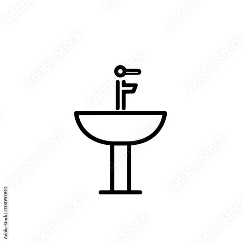 Freestanding pedestal sink with a minimalist faucet in a simple black and white illustration