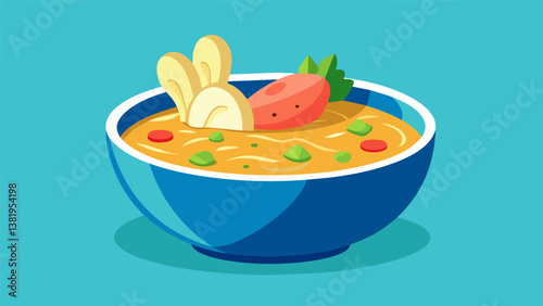 A bowl of homemade chicken soup loaded with vegetables noodles and tender chicken providing comfort and nourishment during a busy workday at home.. Vector illustration