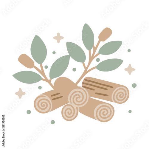 Sandalwood Logs with Leaves, Minimalist Illustration
