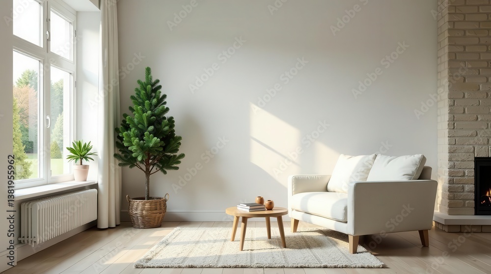 Fototapeta premium Serene Living Room Interior Design with Minimalist Decor and Natural Light Featuring a Small Evergreen Tree