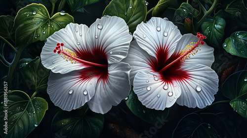 Two white hibiscus flowers with red centers, glistening with dew drops.