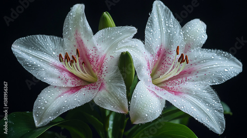Two white lilies with pink speckles, water droplets on petals, dark background.