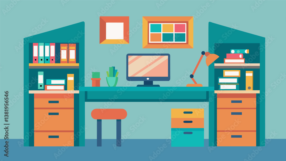 A compact desk setup in the corner of a shared home office with a designated drawer for each family members school materials.. Vector illustration A compact desk setup in the corner of a shared home office with a designated drawer for each family members school materials.. Vector illustration