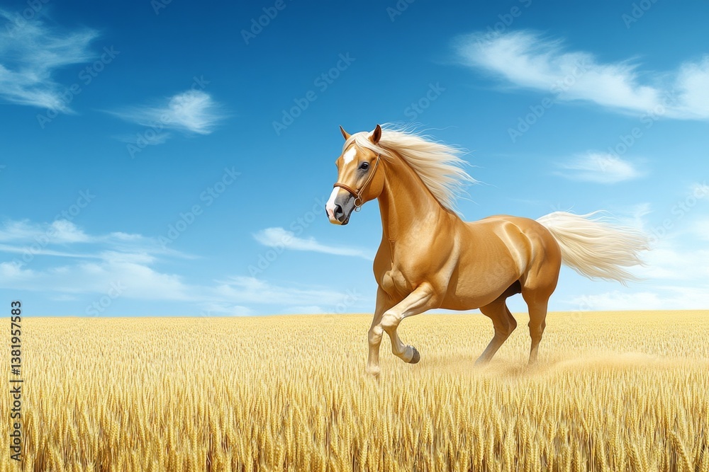 A majestic stallion rearing up in a golden wheat field, its mane flowing in the wind A majestic stallion rearing up in a golden wheat field, its mane flowing in the wind