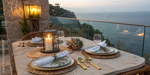 Elegant outdoor dining setup overlooking the ocean at sunset with decorative elements and warm lighting