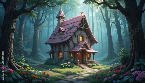 Story book candy house deep in a forest. 