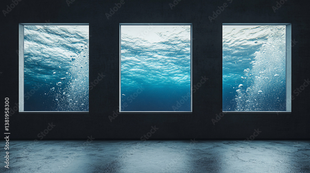Fototapeta premium Underwater view through three large windows in a dark room.
