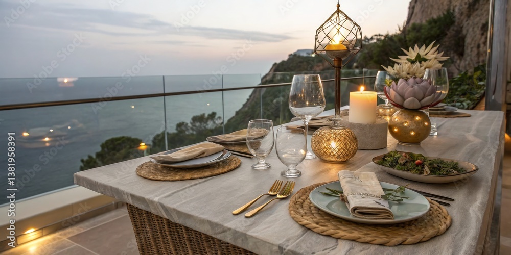 Elegant outdoor dining setup overlooking the ocean during sunset in a serene coastal location