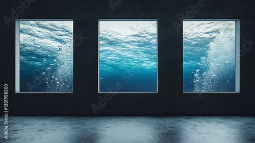 Underwater view through three large windows in a dark room.