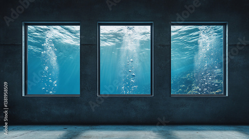Underwater view through three windows in a dark room.