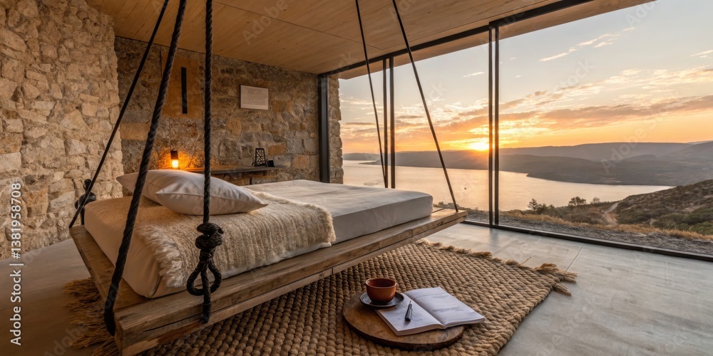 Cozy suspended bed in modern room with stunning lake view at sunset