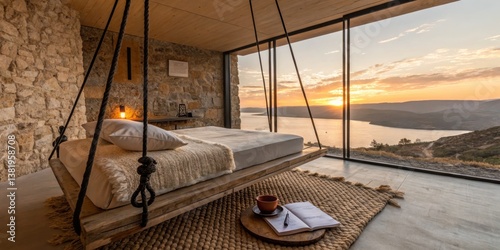 Obraz na płótnie Cozy suspended bed in modern room with stunning lake view at sunset w salonie