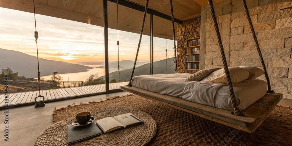 Cozy bedroom with swing bed offering mountain view at sunset in serene setting