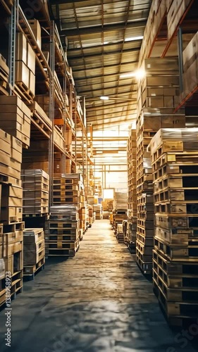 Warehouse interior filled with stacked boxes and pallets during golden hour