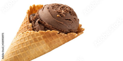 Chocolate Ice Cream Delight: A delectable close-up showcases a scoop of rich chocolate ice cream nestled in a crispy waffle cone. This image perfectly captures the tempting treat.