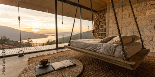 Obraz na płótnie Cozy bedroom with swing bed offering mountain view at sunset in serene setting w salonie