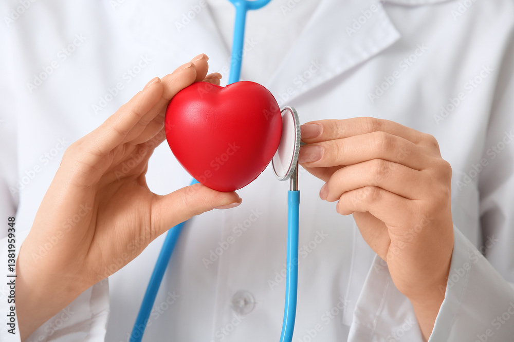 Female doctor with stethoscope and heart, closeup. World Health Day