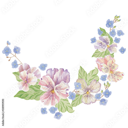 Watercolor wreath of pansies and forget-me-nots. Frame of flowers in pastel colors. For creating labels for women's products, perfumes, cosmetics, designing invitations, business cards, postcards, etc