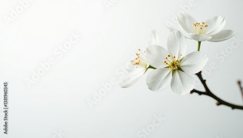 Delicate white blossoms against pure white backdrop, minimal, closeup