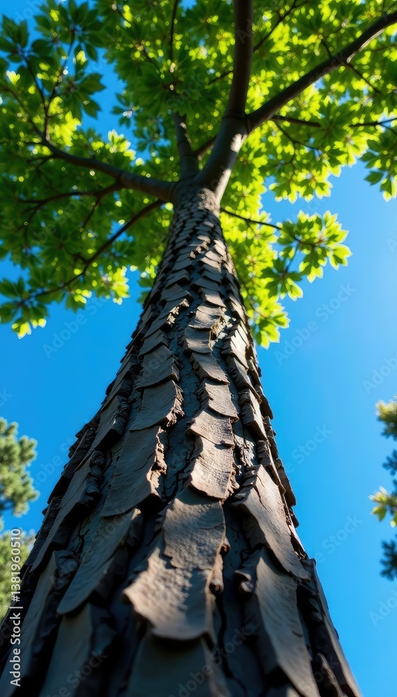 Fototapeta premium Tree trunk and branches against a bright blue sky, nature, background, evergreen