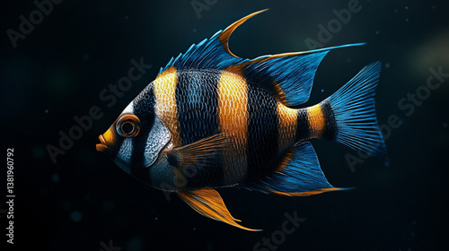 Vibrant blue and orange striped fish swimming in dark water.