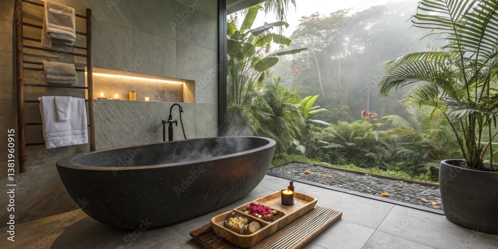 Relaxing bathroom with an elegant stone bathtub surrounded by lush greenery and calming fog