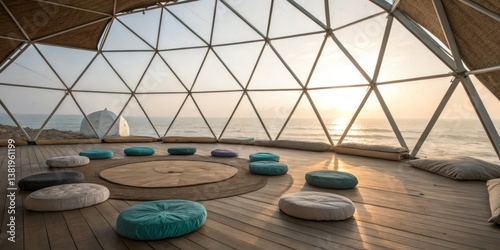 Obraz na płótnie Cozy dome space overlooking the ocean during sunset with plush seating for relaxation and gatherings w salonie