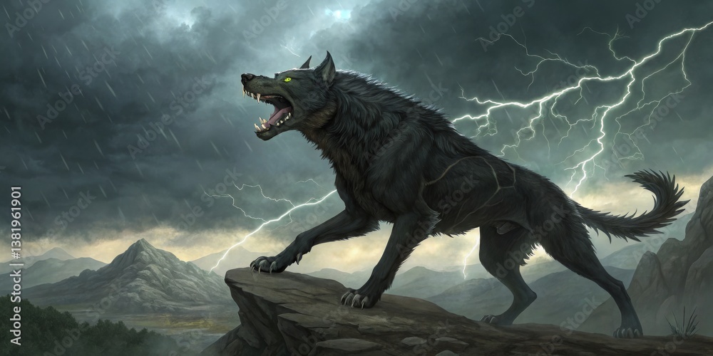 Fierce black wolf stands on a rocky ledge during a storm with lightning illuminating the dramatic sky