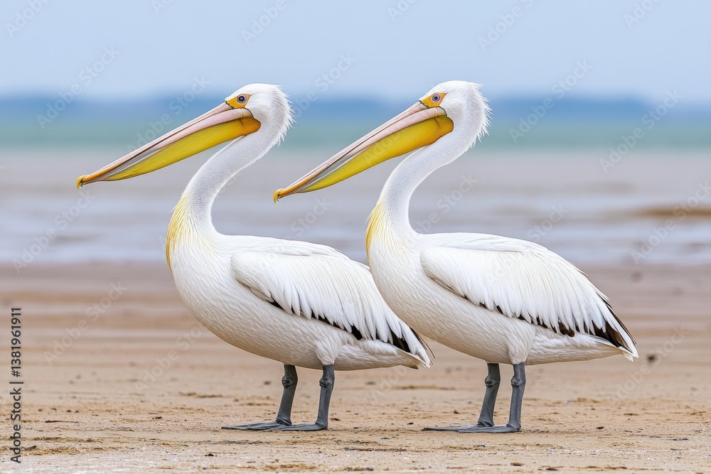 A pair of pelicans standing side by side, their long beaks touching as if in conversation A pair of pelicans standing side by side, their long beaks touching as if in conversation
