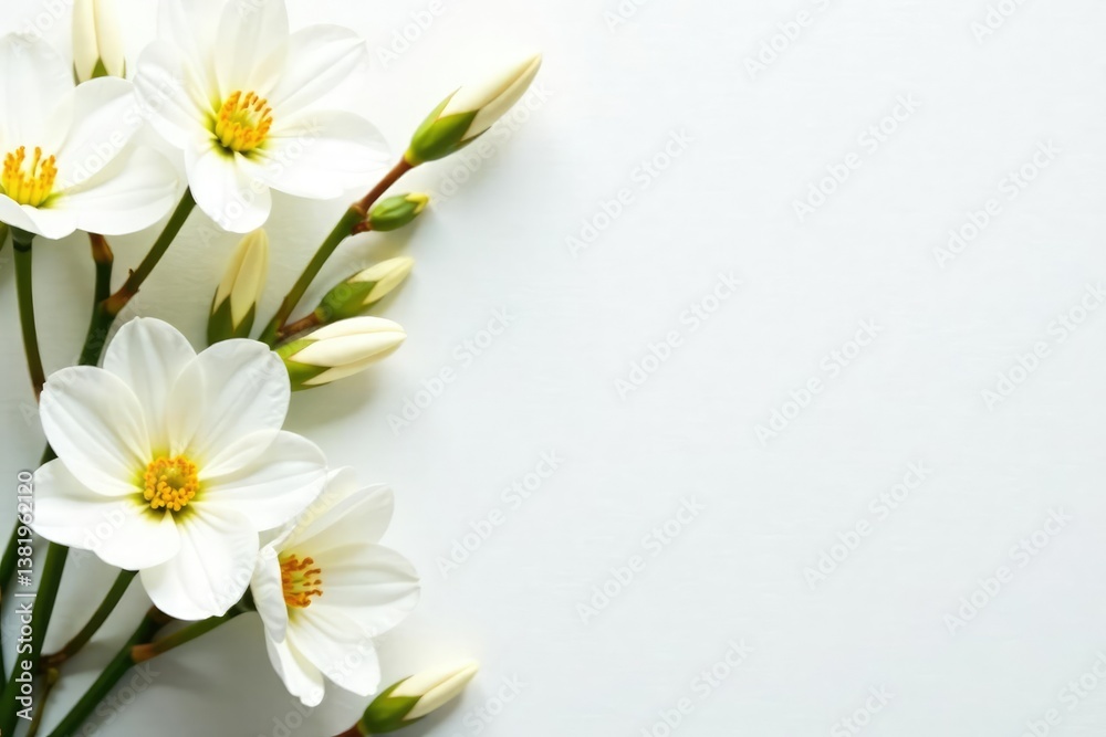 Obraz premium White backdrop featuring delicate floral arrangement, pristine white petals , photography, cleanbackground