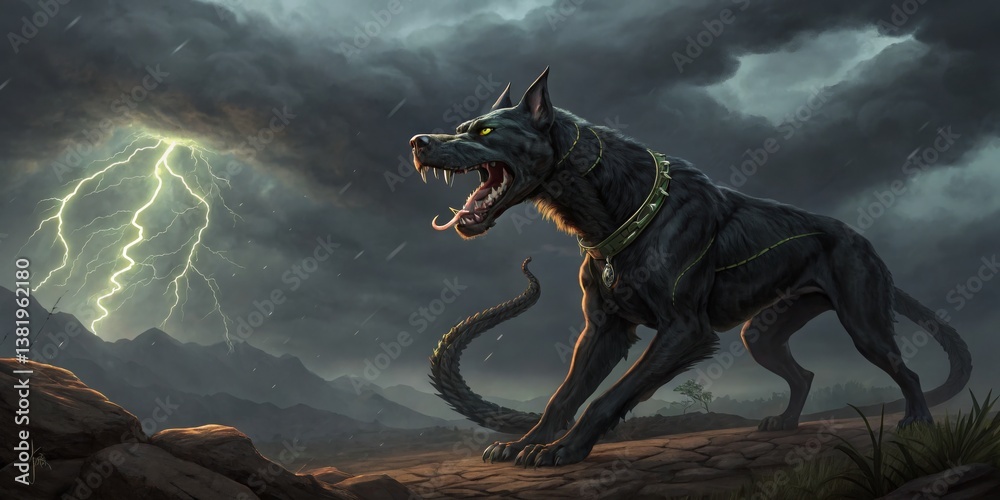 Fierce black dog stands in the stormy mountains under lightning and dark clouds