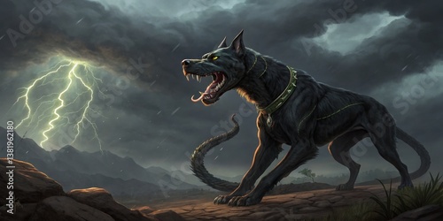 Obraz na płótnie Fierce black dog stands in the stormy mountains under lightning and dark clouds w salonie