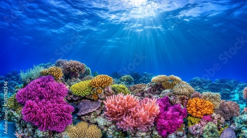 Fototapeta Naklejka Na Ścianę i Meble -  A peaceful underwater coral reef scene, with soft pink and orange corals swaying in the gentle ocean currents