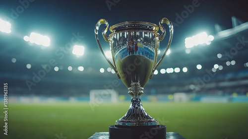 Trophy on field, night stadium lights, victory