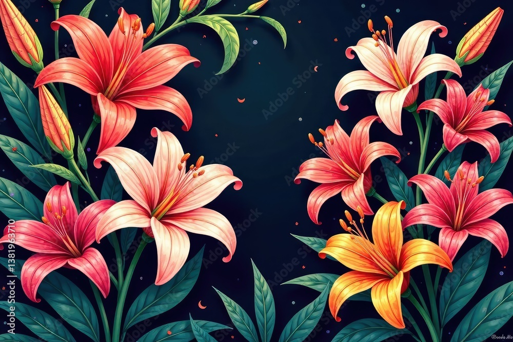 Intricate line art lilies cascade in a rhythmic, dense arrangement, design, print