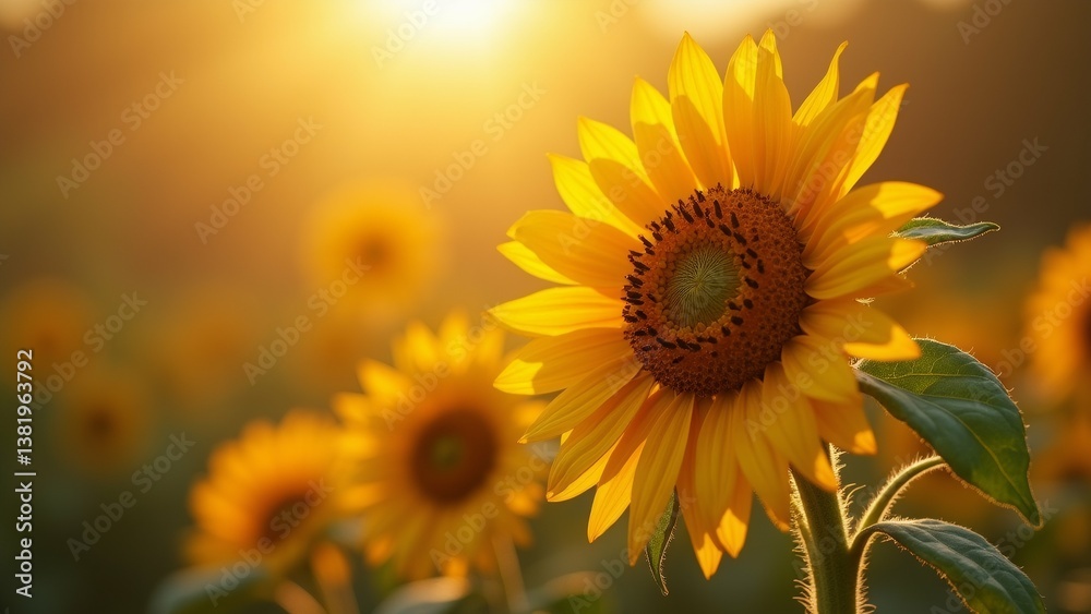 Fototapeta premium close sunflower field sunflower center its bright yellow petals dark center petals arranged circular pattern center being largest outer edges being smallest flower surrounded green leaves stems