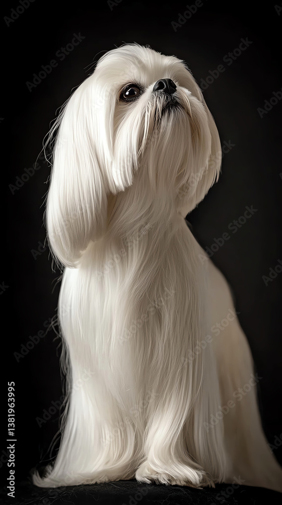 Naklejka premium A beautiful, fluffy white dog with long hair gazes confidently against a dark backdrop.