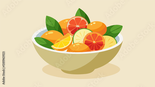 A small bowl of chilled citrus fruit salad featuring a mix of oranges gfruits and mandarins for a sweet and tangy snack option.. Vector illustration